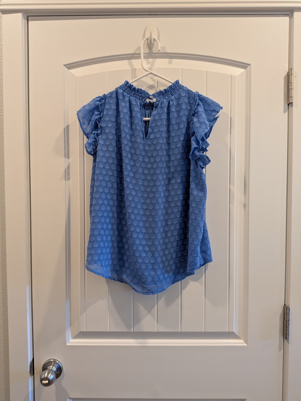 LOFT Blue Swiss Dot Ruffle Sleeve Smocked Neck Blouse - Picture 3 of 6